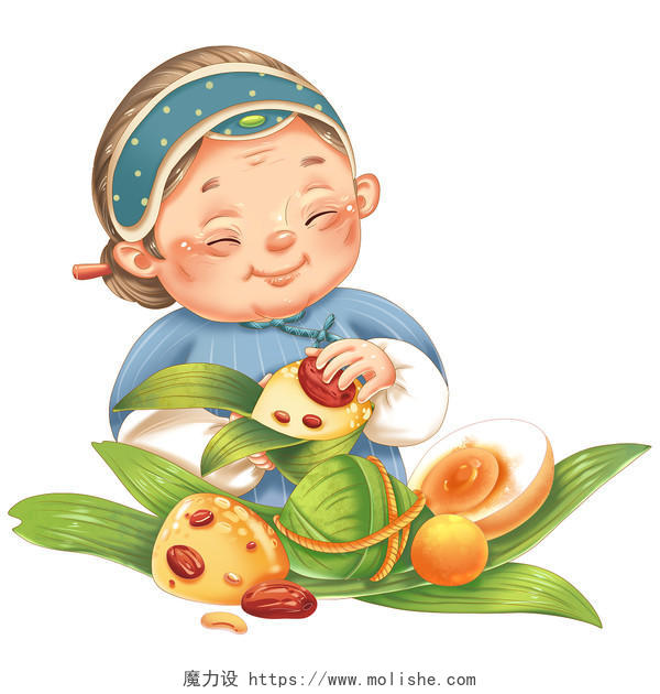 端午节老婆婆包粽子传统节日美食营销场景png素材插画元素